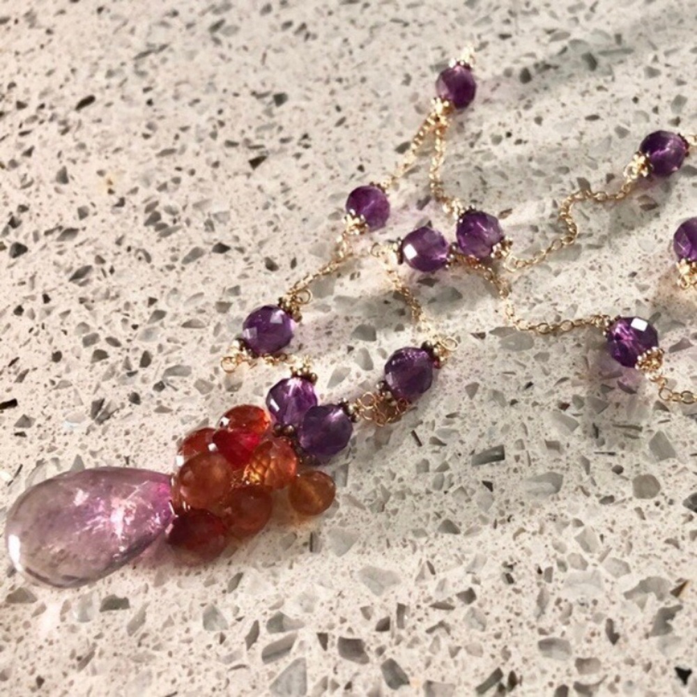 New Genuine Natural Amethyst & Hessonite Garnet gold filled Necklace